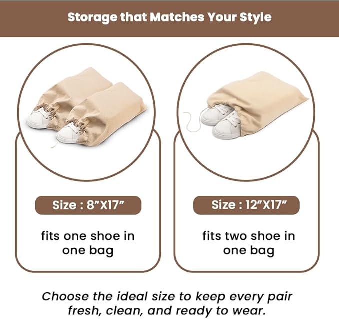 LFH Cotton Shoe Storage Bags with Drawstring, Dustproof Breathable Reusable Organizer, Perfect For Travel, Dorm, Hotel, College, Gym, Easy to Carry, Machine Washable 8"x17" (Pack of 4) - Natural