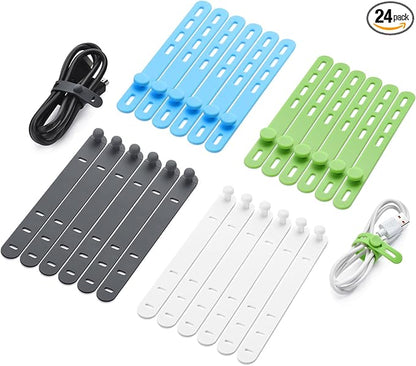 24 Pcs Silicone Cable Ties, Wire Cord Organizer, Cord Ties Reusable Cable Organizer 5Inch Cable Management Tie (4 Color) Cbfoeyk