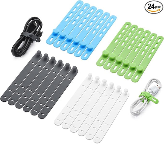 24 Pcs Silicone Cable Ties, Wire Cord Organizer, Cord Ties Reusable Cable Organizer 5Inch Cable Management Tie (4 Color) Cbfoeyk