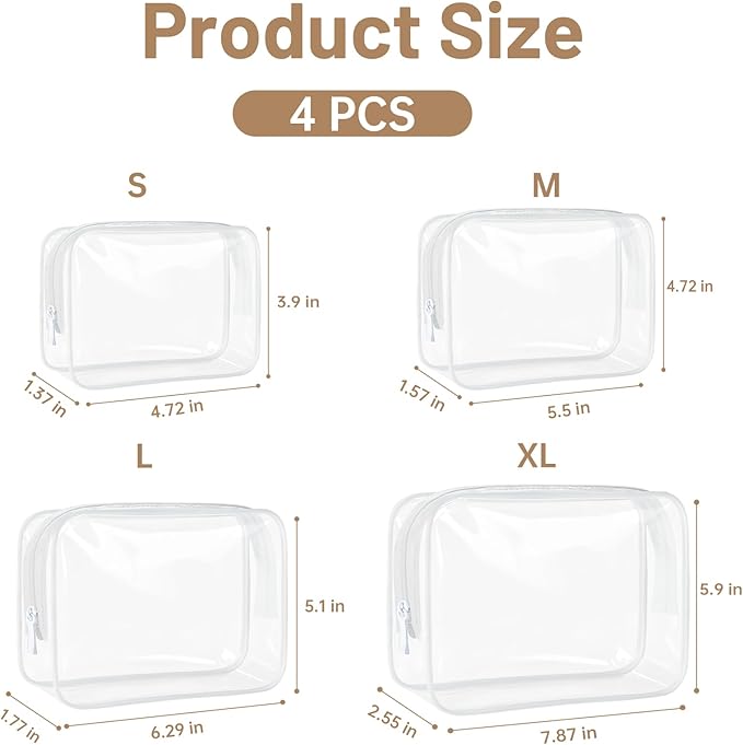 4 Pcs Clear Toiletry Bag, Portable Makeup Cosmetic Bags Pouch with Zipper, PVC Clear Travel Pouch for Women Men - White