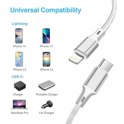 cugunu USB C to Lightning Cable 5 Pack 3/3/6/6/10FT iPhone Charger Apple MFi Certified Power Delivery Fast Charging Cord Compatible with iPhone 14/13/12/11/XS/XR/X/8 - Silver