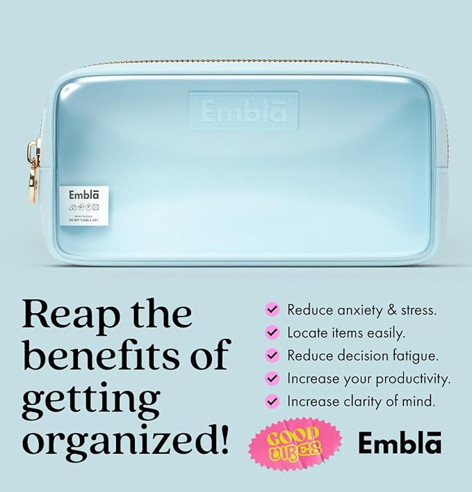 Embla London Makeup Bag Cosmetic Case, Clear Zipper Make Up Pouch and Toiletry Travel Tote, Cute Skincare Pouches for Women Girls, Preppy Purse Cosmetic Organizer, Small Makeup Bags, Sky Blue