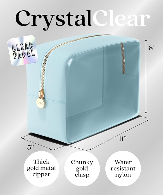 Embla London Makeup Bag Cosmetic Case, Clear Zipper Make Up Pouch and Toiletry Travel Tote, Cute Skincare Pouches for Women Girls, Preppy Purse Cosmetic Organizer, Large Makeup Bags, Sky Blue
