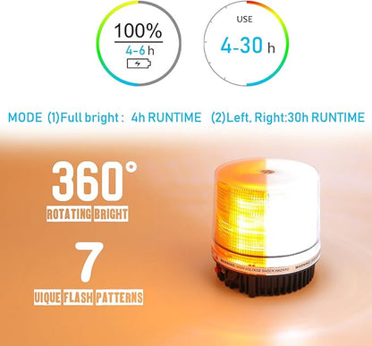 LE-JX Amber/White Wireless Rotating Beacon Orange Battery Led Strobe Warning Light Roof Top Plow Hazard Flash Emergency Lights 12V with Magnetic Base Mount and Rechargeable Plug(Yellow/White, 18 LED)