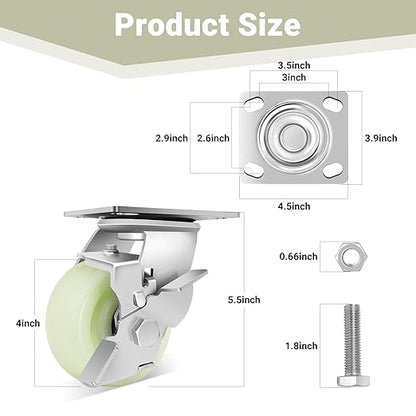 W B D WEIBIDA Heavy Duty Caster Wheels 4 Inch - 2500 LBS, PP Plate Castor Set of 4 with Double Ball Bearings, Non-Marking Quiet Industrial Swivel Casters for Hand Trucks, Carts, Industrial Equipment