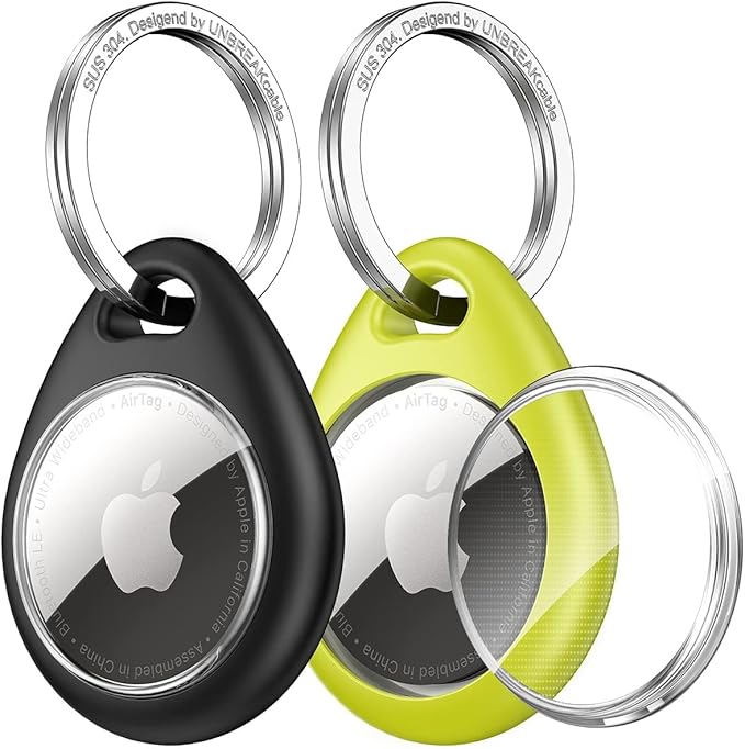 UNBREAKcable 360° Protective Case for AirTag, [2-Pack] AirTags Keyring Holder, Scratch-Resistant, Lock Design, Keychain for AirTag, TPU Full Cover Case for Key, Bag, Luggage, Pet Collar (Black&Green)