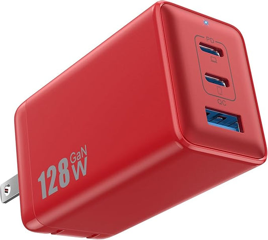 128W USB C Wall Charger,GaN III 3-Port Fast Charging Station,PD QC Foldable Charger Block Portable 65W Laptop Adapter for MacBook Pro/Air,iPad Pro,Galaxy S23,Dell XPS 13,iPhone 17/16/Pro etc
