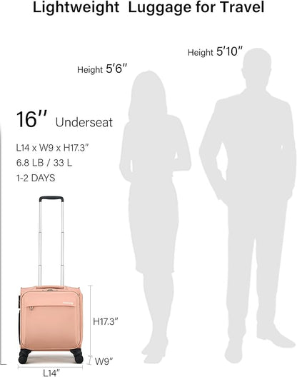Hanke 16 Inch Underseat Carry On Luggage with Wheels Small Suitcase Softside Luggage Bags for Travel Lightweight Suitcases with Wheels Travel Luggage Personal Item for Men and Women(Pink)