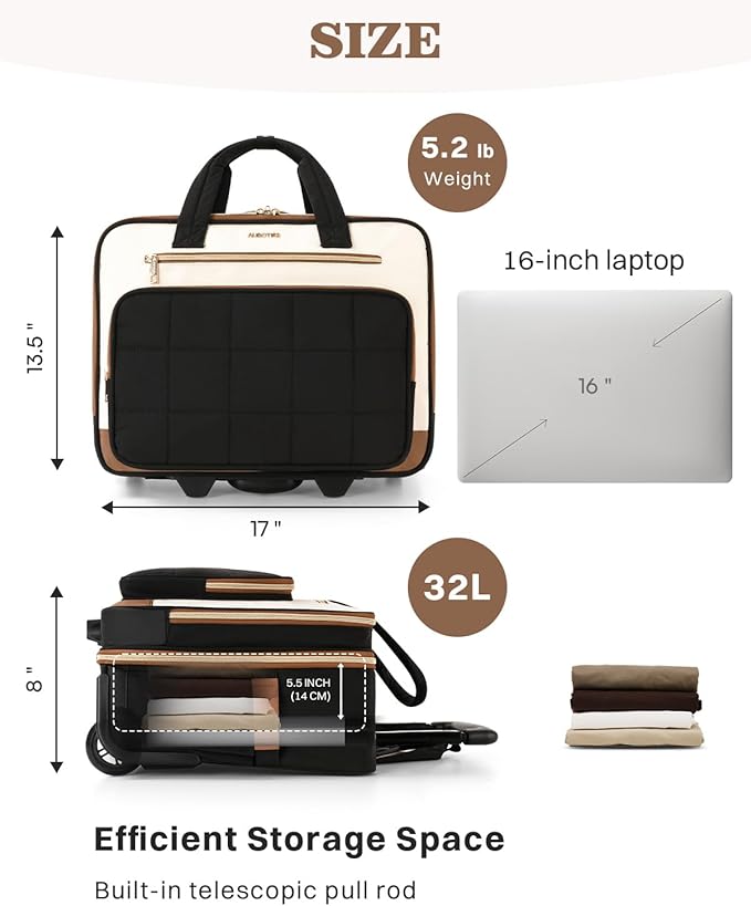 Rolling Puffer Laptop Bag, Rolling Briefcase for Women, Wheeled 16 Inch Computer Bag, Water Resistant Stylish Overnight Underseat Carry On Luggage with Wheels for Work Travel Business, Beige Brown