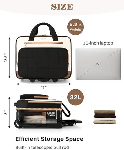 Rolling Puffer Laptop Bag, Rolling Briefcase for Women, Wheeled 16 Inch Computer Bag, Water Resistant Stylish Overnight Underseat Carry On Luggage with Wheels for Work Travel Business, Beige Brown