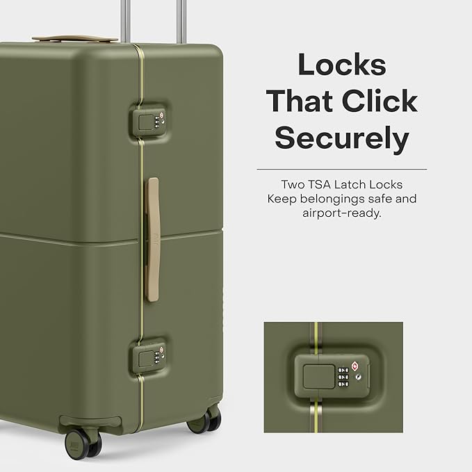Checked Trunk - 26.8" Zipperless Airline Approved Check In Luggage with Wheels, 80/20 Opening Spinner Suitcase - TSA Lock Rolling Suitcase, Spinner Wheels, Y-Strap - Matte Moss Green