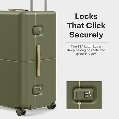 Checked Trunk - 26.8" Zipperless Airline Approved Check In Luggage with Wheels, 80/20 Opening Spinner Suitcase - TSA Lock Rolling Suitcase, Spinner Wheels, Y-Strap - Matte Moss Green