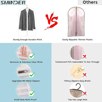 Garment Bags for Hanging Clothes, SMINDER Clear Plastic Bags Full Zipper Suit Bags PEVA Breathable Lightweight Garment Covers for Closet Storage, Suitable for Shirts, Jackets, Gowns (24" x 60"/8 Pack)