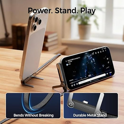 240W Braided Fast Charge Cable with Built-in Phone Stand, 2026 New T-Shaped Durable USB-C to USB-C Charger Cord, Charging Cord with Foldable Phone Holder (Black-2 Pack)