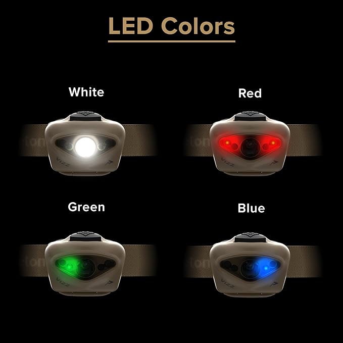 Princeton Tec VIZZ 550 RGB MPLS – 550 Lumen AAA-Powered Tactical Headlamp, Dimmable Spot & Flood White, Red, Green & Blue LEDs, Programmable, IPX7 Waterproof, Ultra-Light, USA Made, Color Tan
