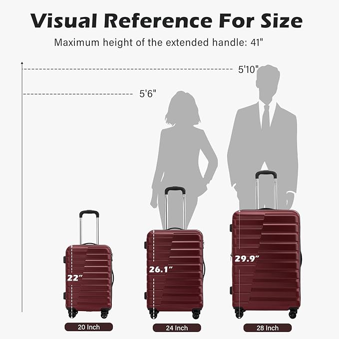 Coolife Carry On Luggage Airline Approved with Wheels Hard Shell Suitcase Spinner TSA Lock Telescopic Handle 20in-Wine Red