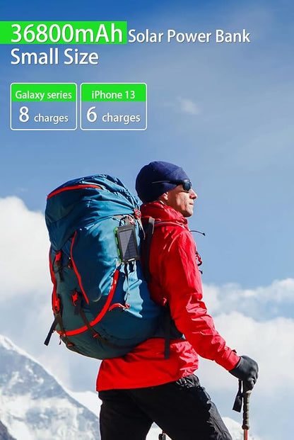 WONGKUO Solar Charger Power Bank - 36800mAh Solar Phone Charger, QC3.0 Fast Charger with LED Flashlight, IP65 Waterproof Portable Power Bank for Outdoor Activities (Matte Green)