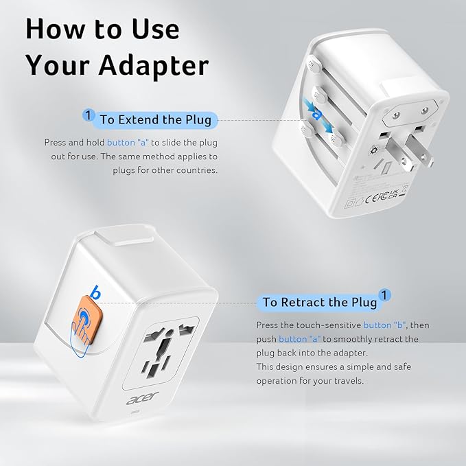 Acer Universal Travel Plug Adapter - International Power Adapter with 5 USB Ports (3 USB C) 5.8A, Worldwide Outlet Charger for USA to European UK France Germany Spain, Type C/E/F/G/I/L/A, White