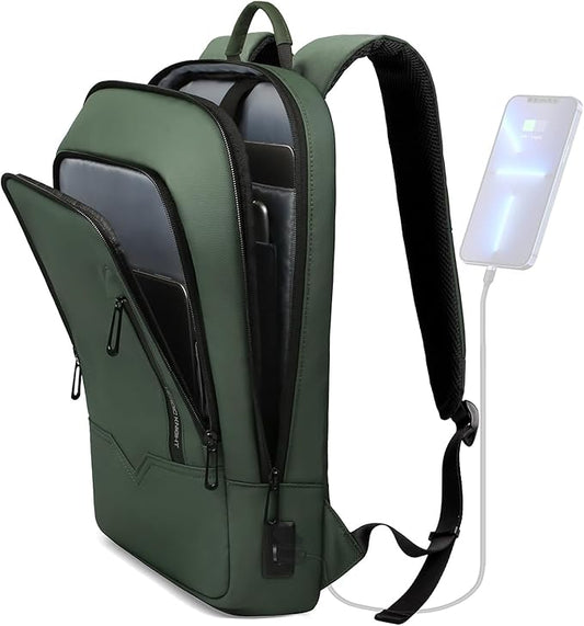 hk Backpack for Men Business Slim Backpack with USB Charger Computer Lightweight Anti-theft Travel (Green, 17.3 Inch)