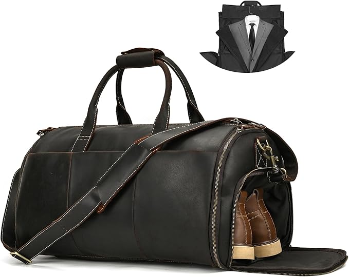 Full-grain Leather Garment Bag Large Capacity Travel Bag Business Suit Carrier Bag with Shoe Compartment, Overnight Gym Sports Duffel Bags for Men Women, Dark Brown