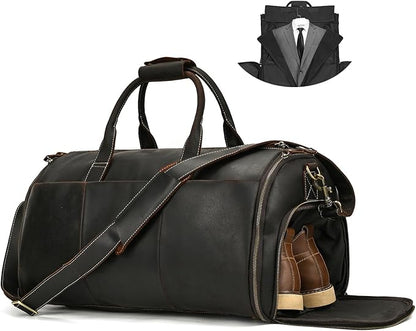 Full-grain Leather Garment Bag Large Capacity Travel Bag Business Suit Carrier Bag with Shoe Compartment, Overnight Gym Sports Duffel Bags for Men Women, Dark Brown