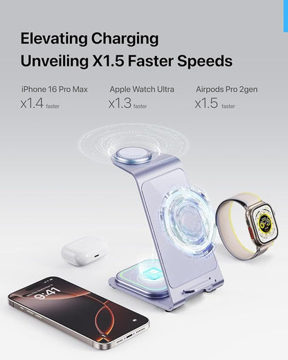 Intoval Aluminum 3 in 1 Wireless Charging Station for iPhone 17 16 15 14 13 12 11 Pro Max XR, Wireless Charger for Apple Watch 11 10 9 8 7 Ultra SE 3 2, Phone Charger for AirPods 4 Pro 2 3 (Lavender)