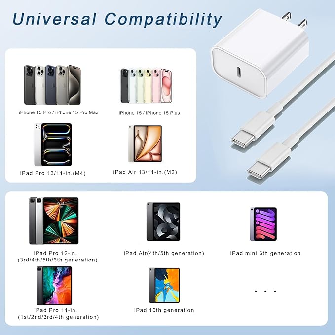 10FT Fast Charging Cord for iPhone 17 16e 15,3Pack Extra Long 10Foot USB C to Type C Charger Cable 20W USBC Charger Block Cube Super Quick Charging for iPhone 17 Air/17 16 15 Pro/Plus/Pro Max,iPad Pro