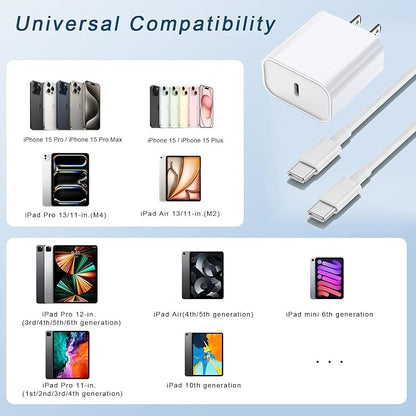 10FT Fast Charging Cord for iPhone 17 16e 15,3Pack Extra Long 10Foot USB C to Type C Charger Cable 20W USBC Charger Block Cube Super Quick Charging for iPhone 17 Air/17 16 15 Pro/Plus/Pro Max,iPad Pro