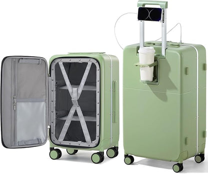 Hanke 28 Inch Luggage with Cup Holder and Charge,Top Opening Hard Shell Suitcases with Wheels and Dividers,Aluminum Frame Trunk Luggage Extra Large Suitcase with Lock for Travel，Bamboo Green