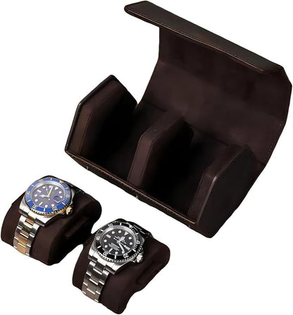 Genuine Leather Watch Roll Travel Case, Vintage Full Grain Leather Hexagon Watches Storage Organizer with Display Removable Pillows & Solid Dividers for Home Storage &Display (2 Slot)