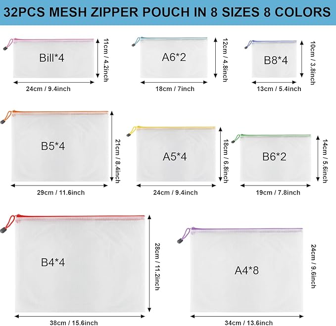 Mesh Zipper Pouch Bags, 32 Pcs Zipper Bags, 8 Size Waterproof Zipper Pouches for Organizing, Assorted Color Plastic Zipper Pouches, Mesh Bags with Zipper for Travel, School, Home and Office Supplies.