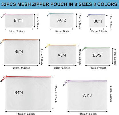 Mesh Zipper Pouch Bags, 32 Pcs Zipper Bags, 8 Size Waterproof Zipper Pouches for Organizing, Assorted Color Plastic Zipper Pouches, Mesh Bags with Zipper for Travel, School, Home and Office Supplies.