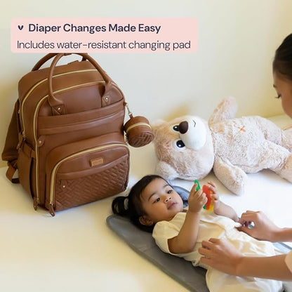 BabbleRoo Leather Diaper Bag Backpack - Baby Essentials Travel Baby Bag, Multi function, with Changing Pad, Stroller Straps & Pacifier Case – Unisex, Midnight Blue