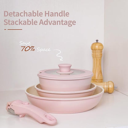 8PCS Ceramic Cookware,Nonstick Ceramic Pan, Removable Handle Pots and Pans Set, Stackable Pan Set, Nonstick Pots and Pans Set Non Stick pot(Pink)