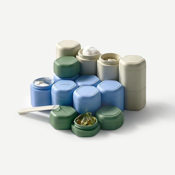 Cadence Travel Containers - 2 Piece Body Care Capsule Set - Magnetic Containers w/ Lids - Carry On Travel Essentials for Women/Men - 1 Small & 1 Medium Capsule - Body Wash & Lotion Labels - Sand