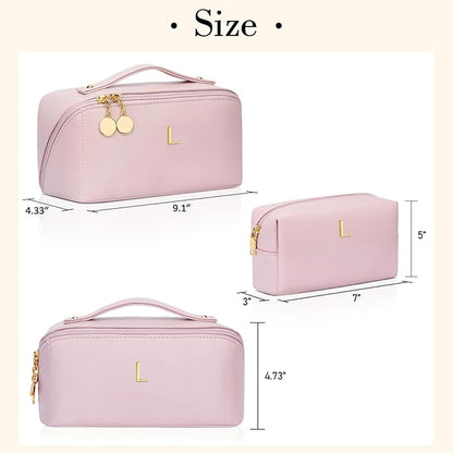 Birthday Gifts for Women Teen Girl, Personalized Initial Makeup Organizer Bag Set, Open Flat Travel Cosmetic Bag With Clear Divider and Handle(Pink,L)