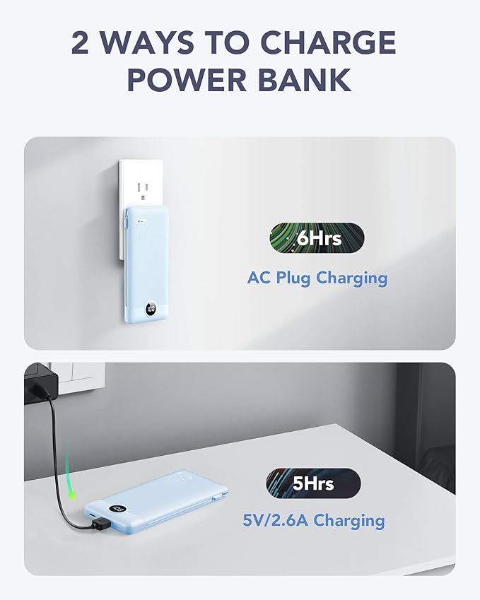 VRURC Portable Charger Built-in Cables and AC Wall Plug, USB C Power Bank 10000mAh, Travel Essentials Phone Charger Compact Lightweight External Battery Pack for Smart Phones, Tablets etc-Blue