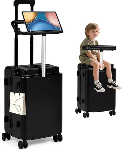 Kids Ride-On Luggage with Adjustable Safety Seat, 20 Inch Carry On Suitcase with 360° Silent Wheels, Cup & Tablet Holder, TSA Lock, For Toddlers to Adults, 200lbs Support, Lightweight Travel Suitcase