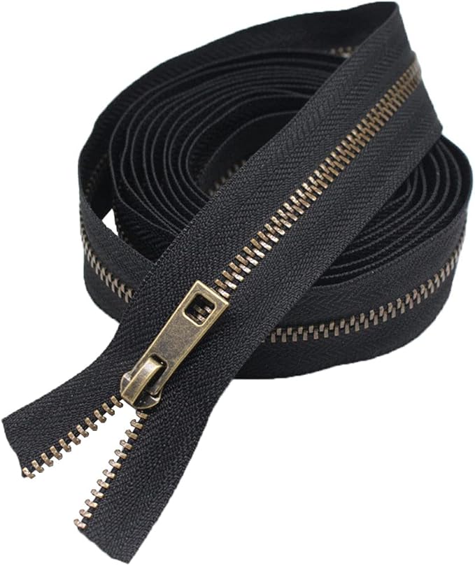 MebuZip #3 Upholstery Zipper by The Yard Black Long Tape Metal Zippers 2 Yards with 10pcs Antique Brass Zipper Pull for Sewing Tailor Crafts (Anti-Brass 2 Yards)