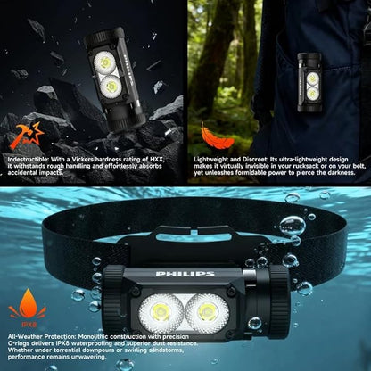 Philips SFL3255 LED Headlamp Rechargeable,1500 Lumens Super Bright Aluminium Magnetic Attraction Head Light Flashlight,Adults-Camping Accessories Gear,5 Modes for Outdoor Setting,USB Cable Included