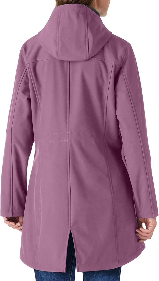 Outdoor Ventures Women's Lightweight Waterproof Fleece Lined Hooded Softshell Rain Jacket, Warm Windbreaker Long Coat