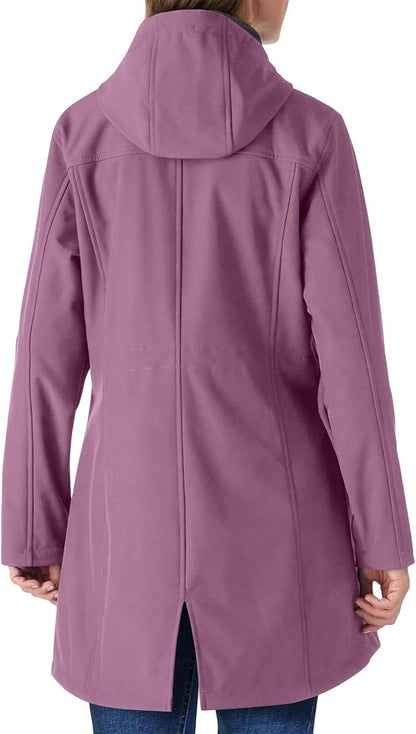 Outdoor Ventures Women's Lightweight Waterproof Fleece Lined Hooded Softshell Rain Jacket, Warm Windbreaker Long Coat