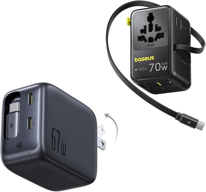 Baseus Enercore Retractable USB C Charger 67W and Baseus Universal Travel Adapter 70W