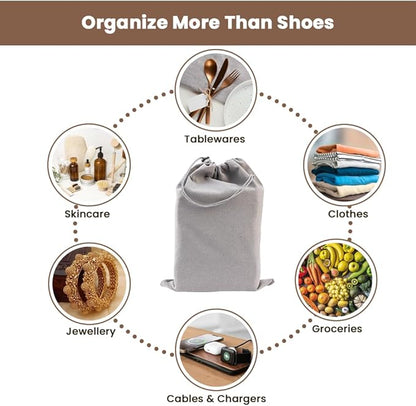LFH Cotton Rich Shoe Storage Bags with Drawstring, Dustproof Breathable Reusable Organizer, Perfect For Travel, Dorm, Hotel, College, Gym, Easy to Carry, Machine Washable 8"x17" (Pack of 6) - Grey