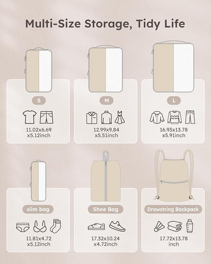 6 Set Compression Packing Cubes for Travel, Bonus Versatile Drawstring Backpack, Lightweight Luggage Organizer Bags, Sturdy Travel Accessories for Suitcase, Beige