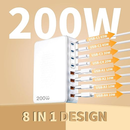 USB C Charger Block,200W Type C Charger Fast Charging,8 Port USB C & A Charging Station GaN III Desktop Hub Block Laptop Adapter for Apple iPhone Air/17/16/15,iPad Pro/Air/Mini,MacBook Pro/Air,Samsung