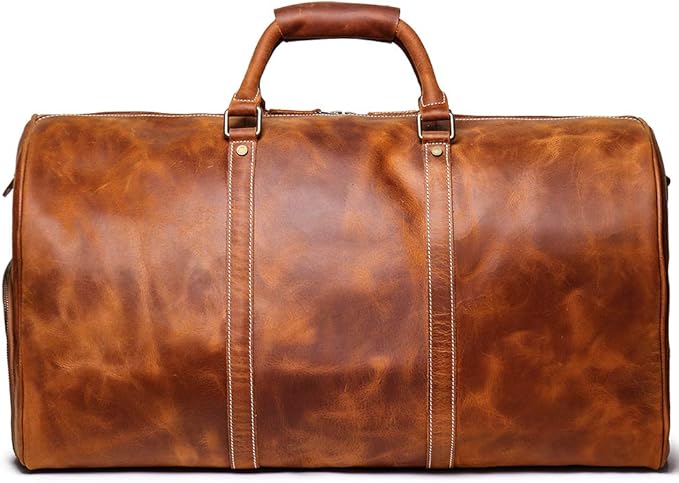 24 Inch Leather Travel Weekend Luggage Bag, Mens Duffle Retro Carry on Handbag (Brown)