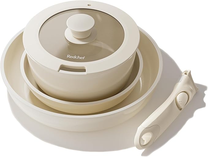 Redchef Truly Non Toxic Pots and Pans Set Non Stick, Ceramic Pot and Pan Set Non Stick, PFAS PTFE PFOA PFOS Free, Ceramic Kitchen Cookware Set with Detachable Handle, RV Camping with Frying Pans Set