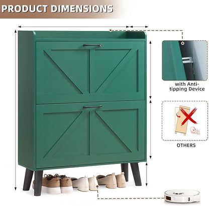 LEYAOYAO Shoe Storage Cabinet with 2 Flip Drawers，Narrow Shoe Storage Cabinet Organizer with Legs for Entryway Hallway, Living Room, Bedroom，Hidden Slim Storage Narrow Shoe Rack Cabinet,Green