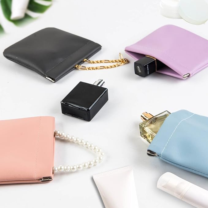 CANIPHA 8pcs Lambskin Pocket Cosmetic Bag, Waterproof Portable Small Makeup Bag No Zipper Self-closing Pouch for Women Mini Travel Storage Cosmetics Headphones Jewelry